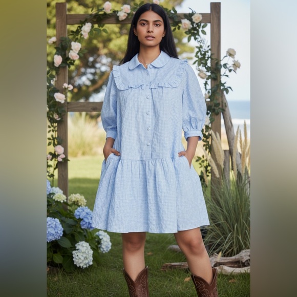 Sandy Liang Gingham Square Ruffle Yoke Botton Front Dress Tiered Coastal Cottage - Picture 2 of 13